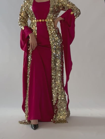 Golden Mixed size Sequins Kawa – Elegant Kurdish Kaftan | Traditional Kurdish Dress- with Kiras  RED Burgundy 2 items