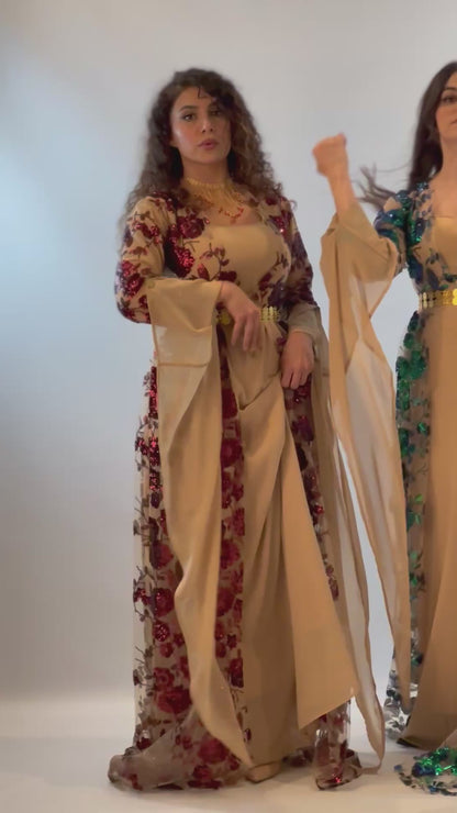 Dildar Kurdish Dress – Badini Style in Shiny Red Wine Sequins