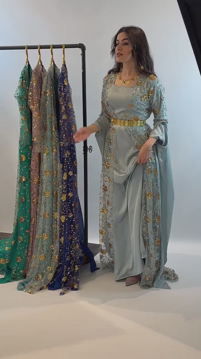 Chro Collection Badini Model – Blue Kurdish Dress with Golden Flowers (2-Piece Set)