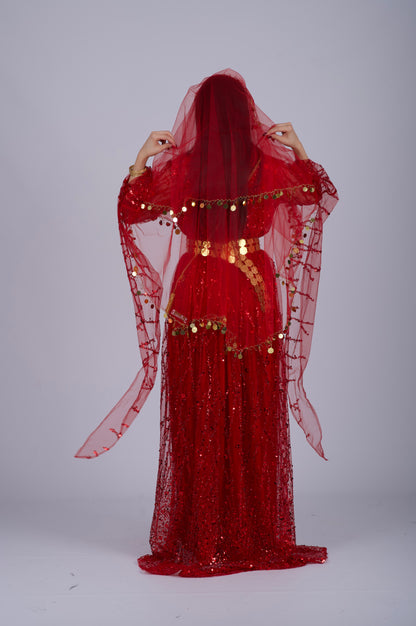 Side view of the red Kurdish dress styled with silver accessories and a belt, adding elegance to Henna night celebrations.