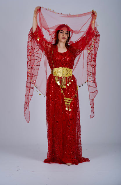  Detailed shot of the long, flowing sleeves and train of the red Kurdish dress, embodying cultural beauty.