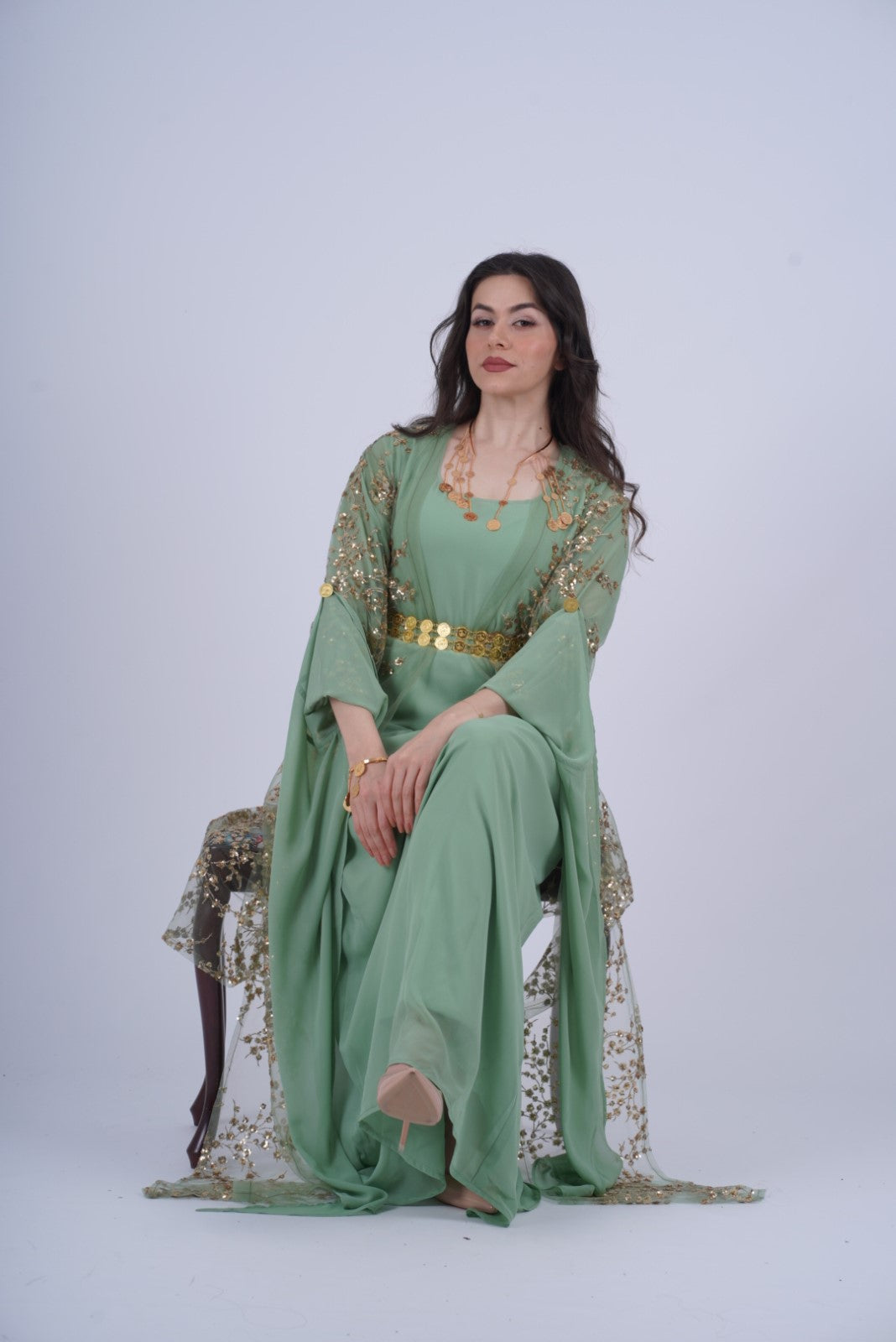 Shkofa Kurdish Dress – Mint Green Chiffon with Golden Sequin Embroidery