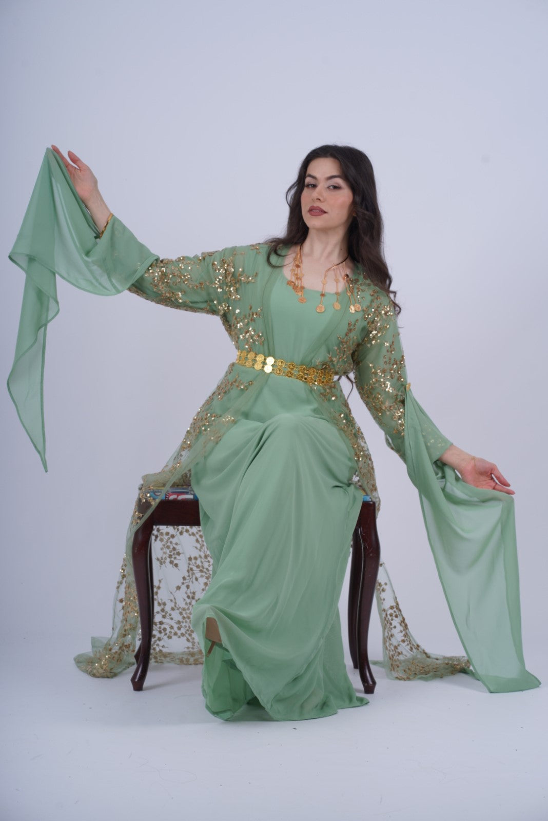 Shkofa Kurdish Dress – Mint Green Chiffon with Golden Sequin Embroidery