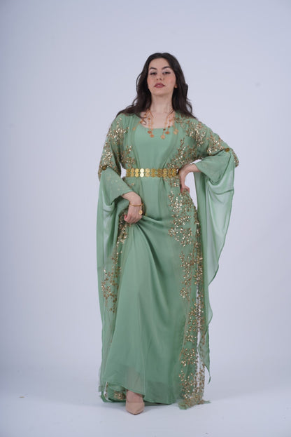 Shkofa Kurdish Dress – Mint Green Chiffon with Golden Sequin Embroidery