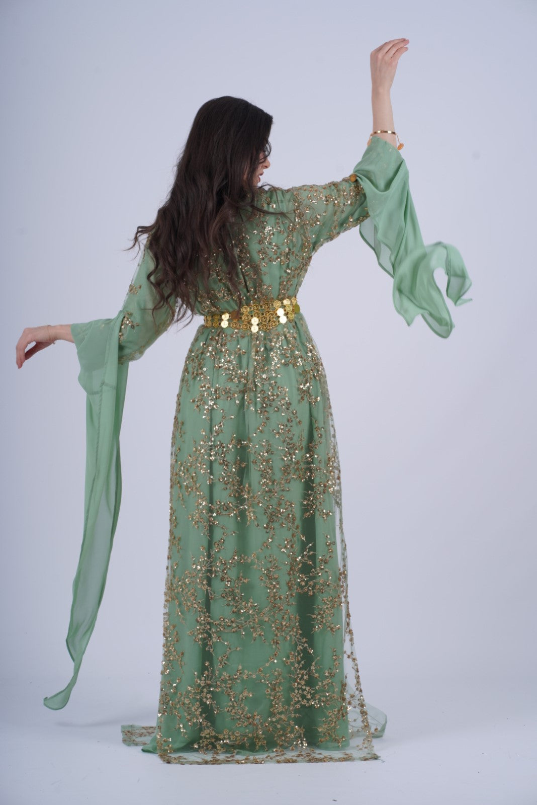 Shkofa Kurdish Dress – Mint Green Chiffon with Golden Sequin Embroidery