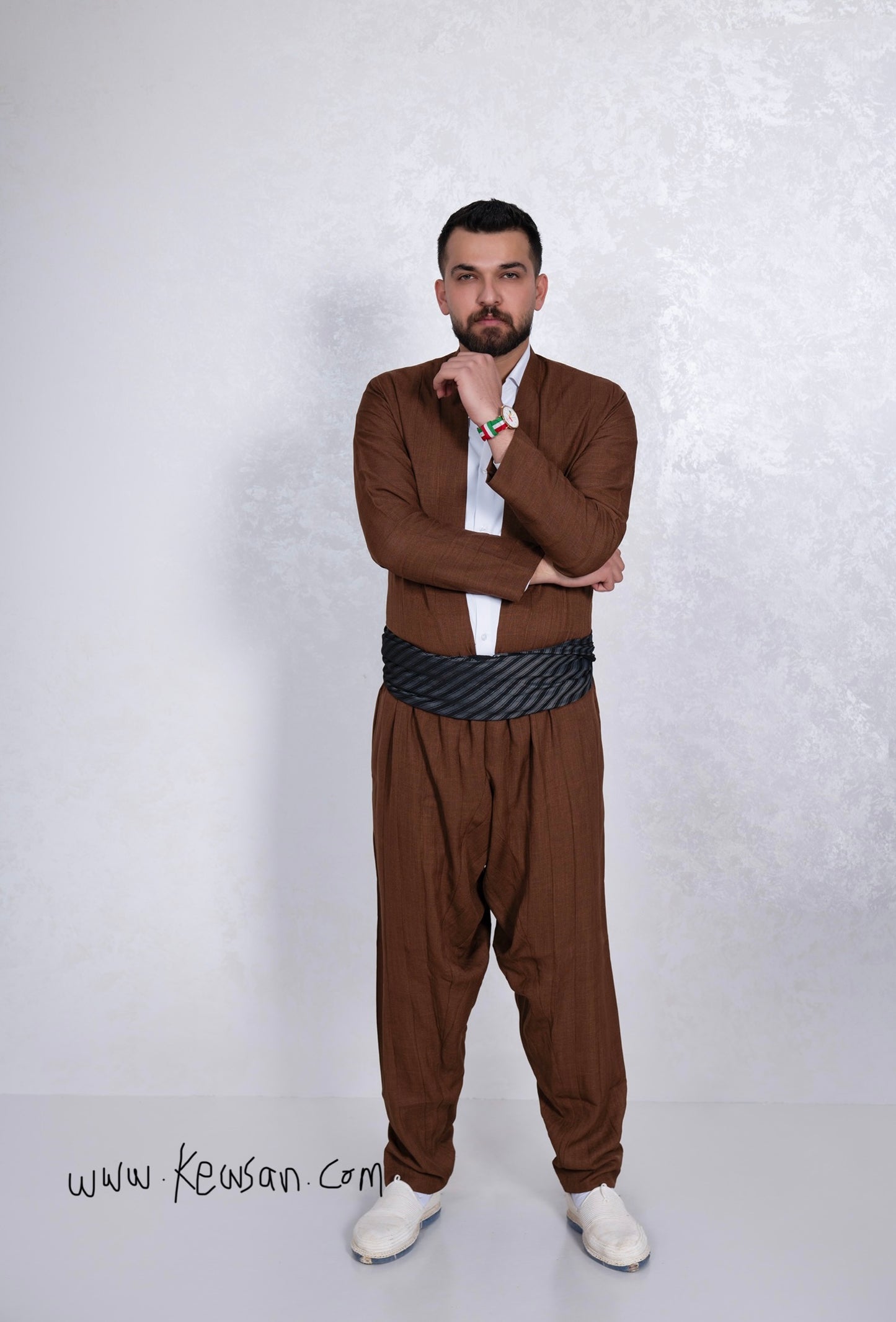 Side view of the Kurdish men's outfit in Brown, inspired by Shal u Shapik, made from high-quality polyester.