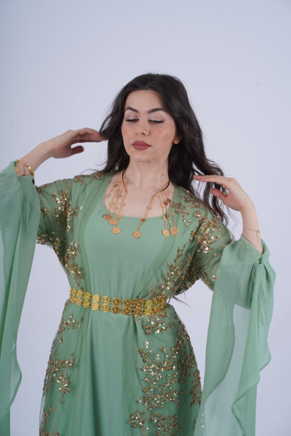 Shkofa Kurdish Dress – Mint Green Chiffon with Golden Sequin Embroidery