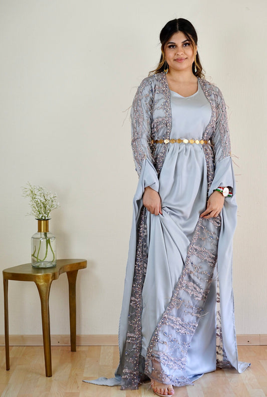 Luxury Hand Beaded Matte sky blue greyishKewsan textile and more Kurdish women, Kurdish clothes, Kurdische kleider