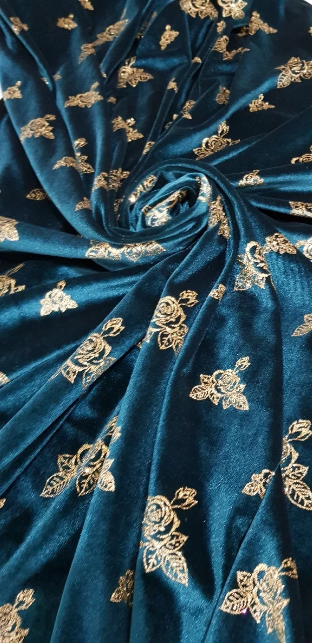 Petroleumgrön sammet trikå ros glitter print - velvet samet stretch ...